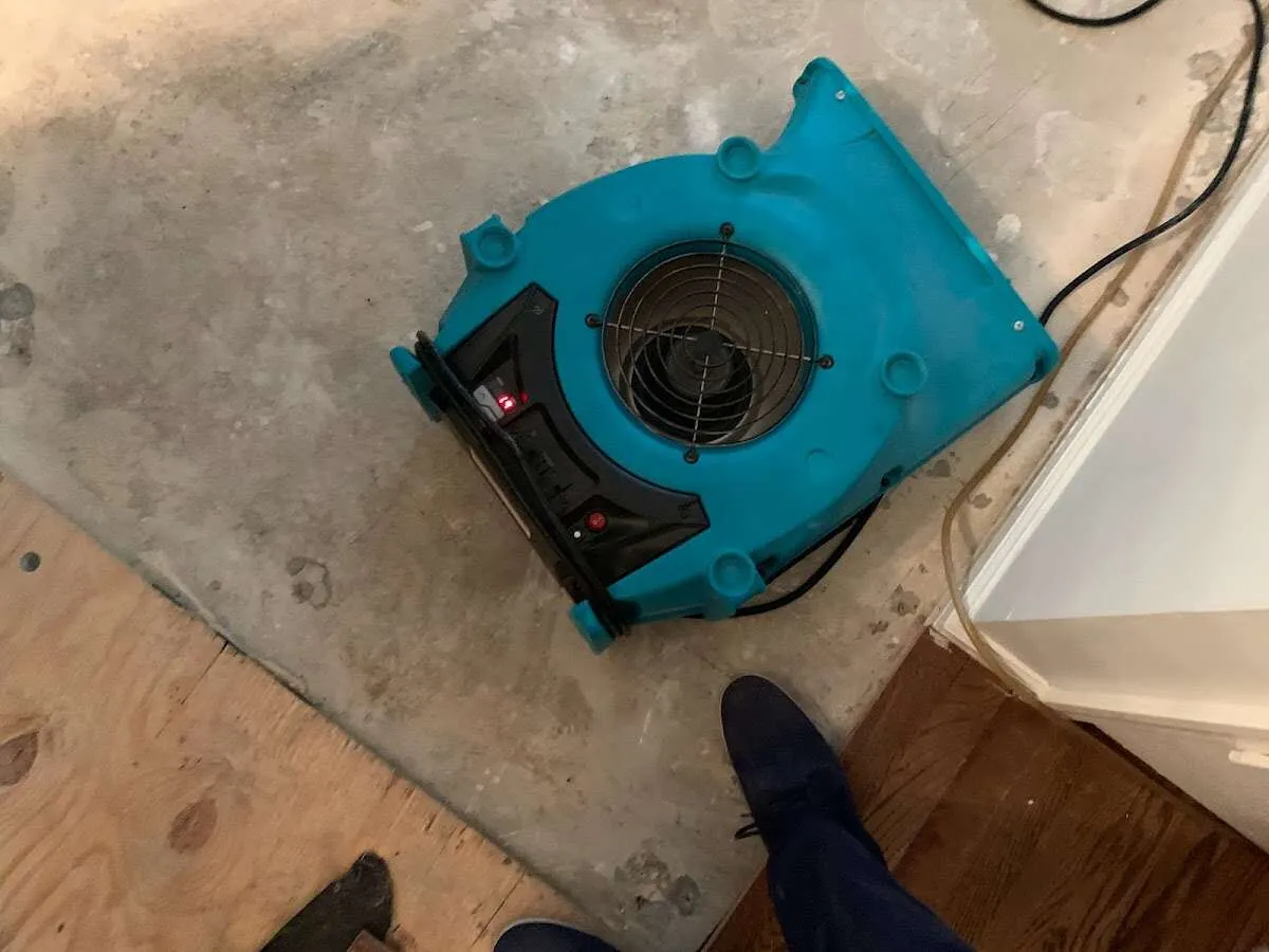 Air mover drying subfloor during Leak Detection & Repair in Pigeon Forge